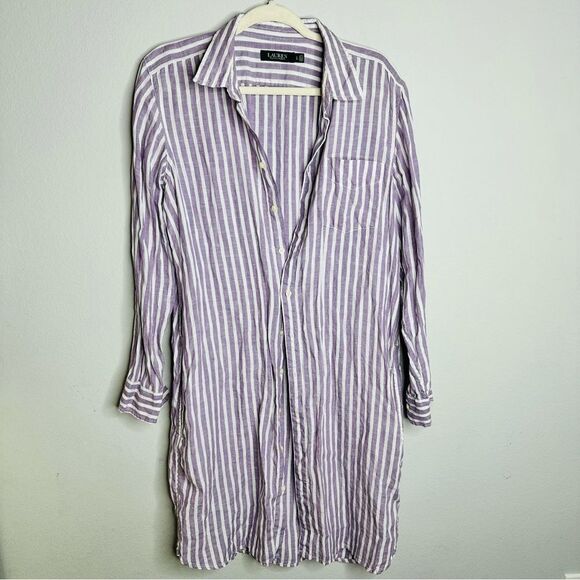 EUC Lauren Ralph Lauren Striped Purple Popover Linen Top Large - Picture 2 of 6